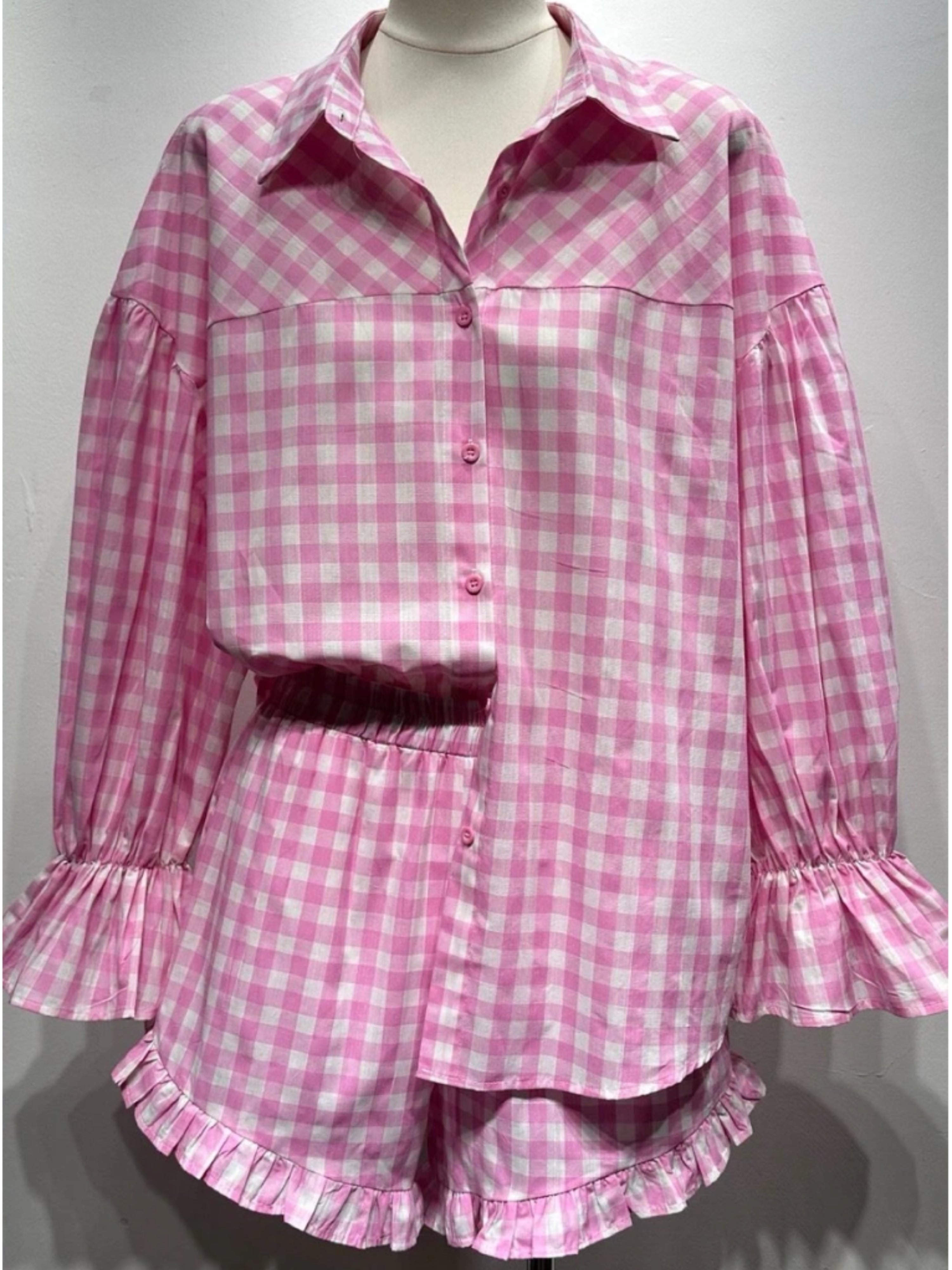 Zweiteiler Cotton - Hemd und Shorts - Rosa-weiß kariert