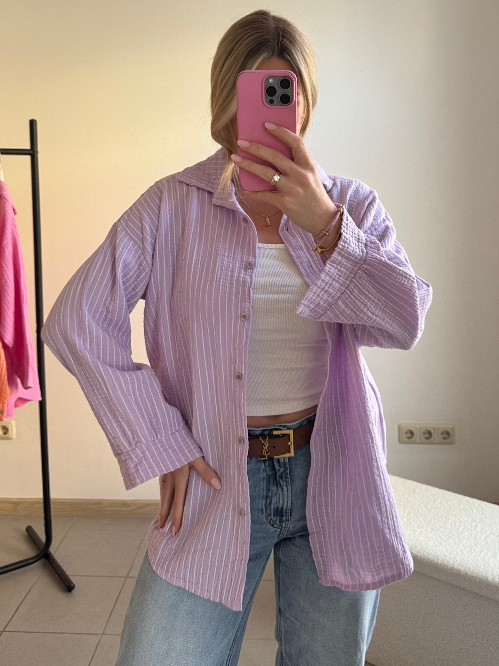 Musselin Oversize-Bluse – Lila mit Streifen