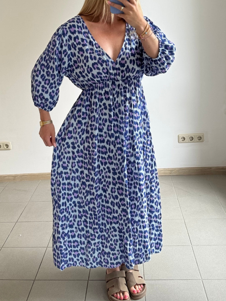 Musselin Kleid V-Ausschnitt - Leo Blau