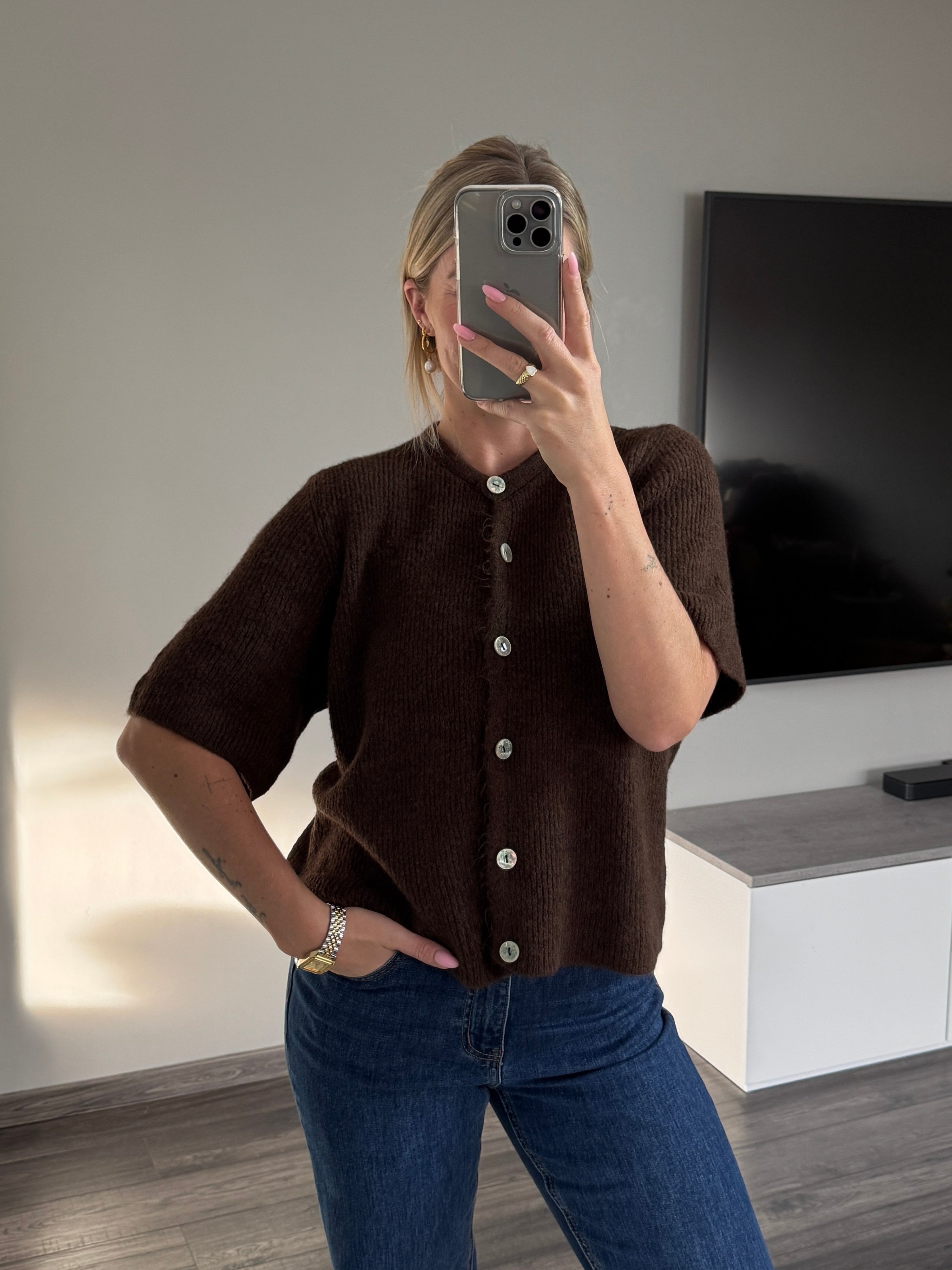 Kurzarm Strickjacke Grace - Braun
