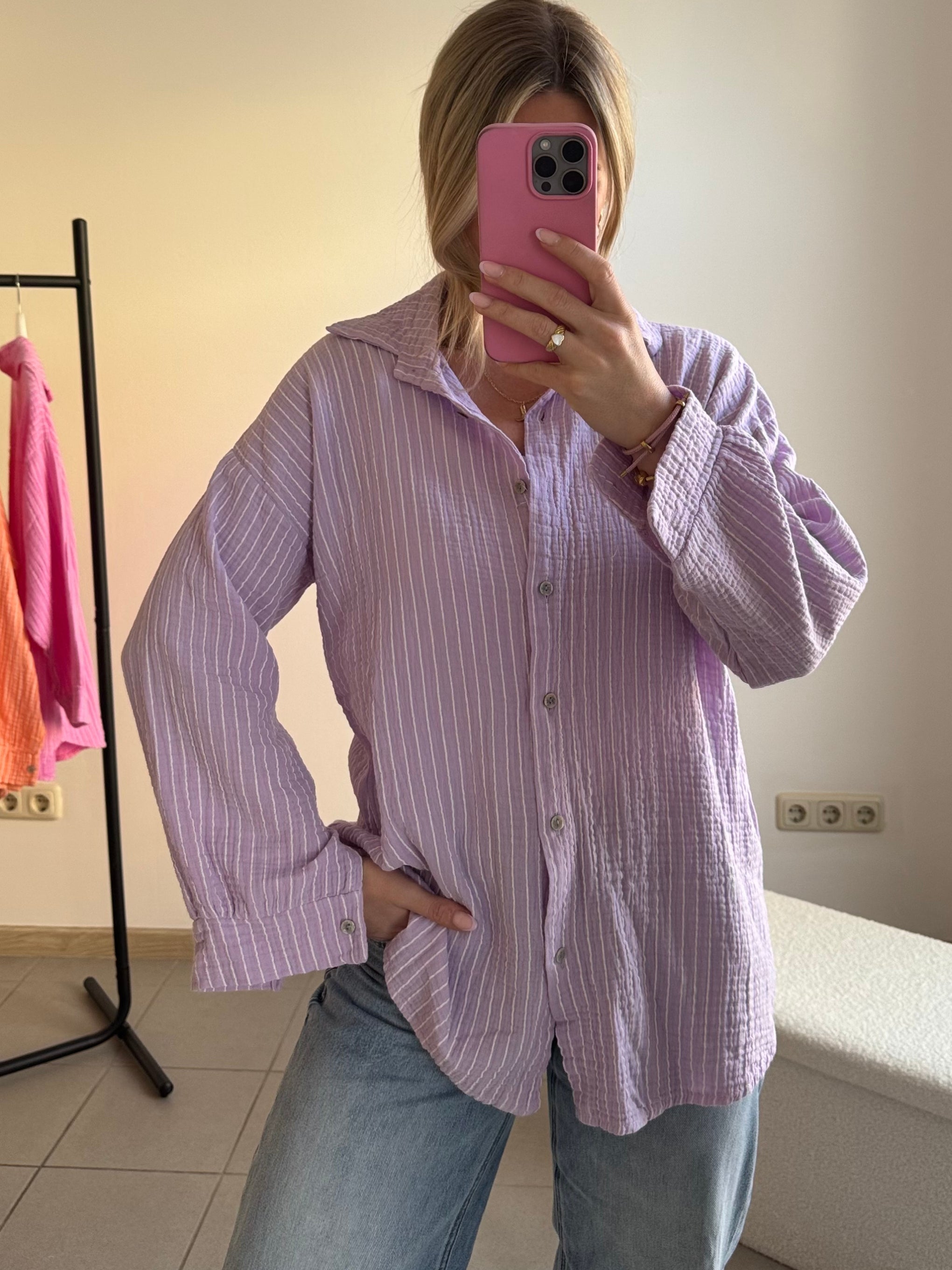 Musselin Oversize-Bluse – Lila mit Streifen