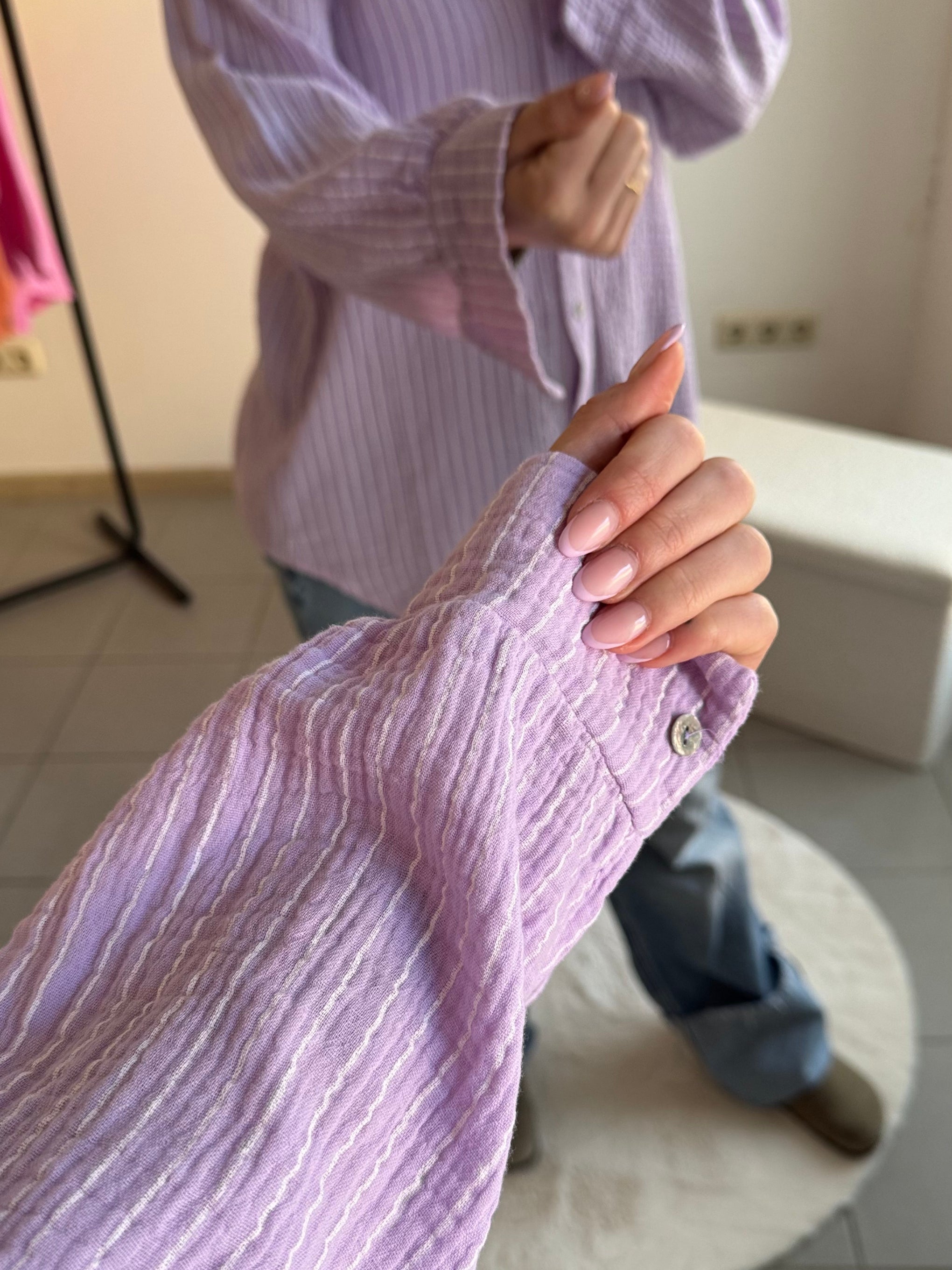 Musselin Oversize-Bluse – Lila mit Streifen