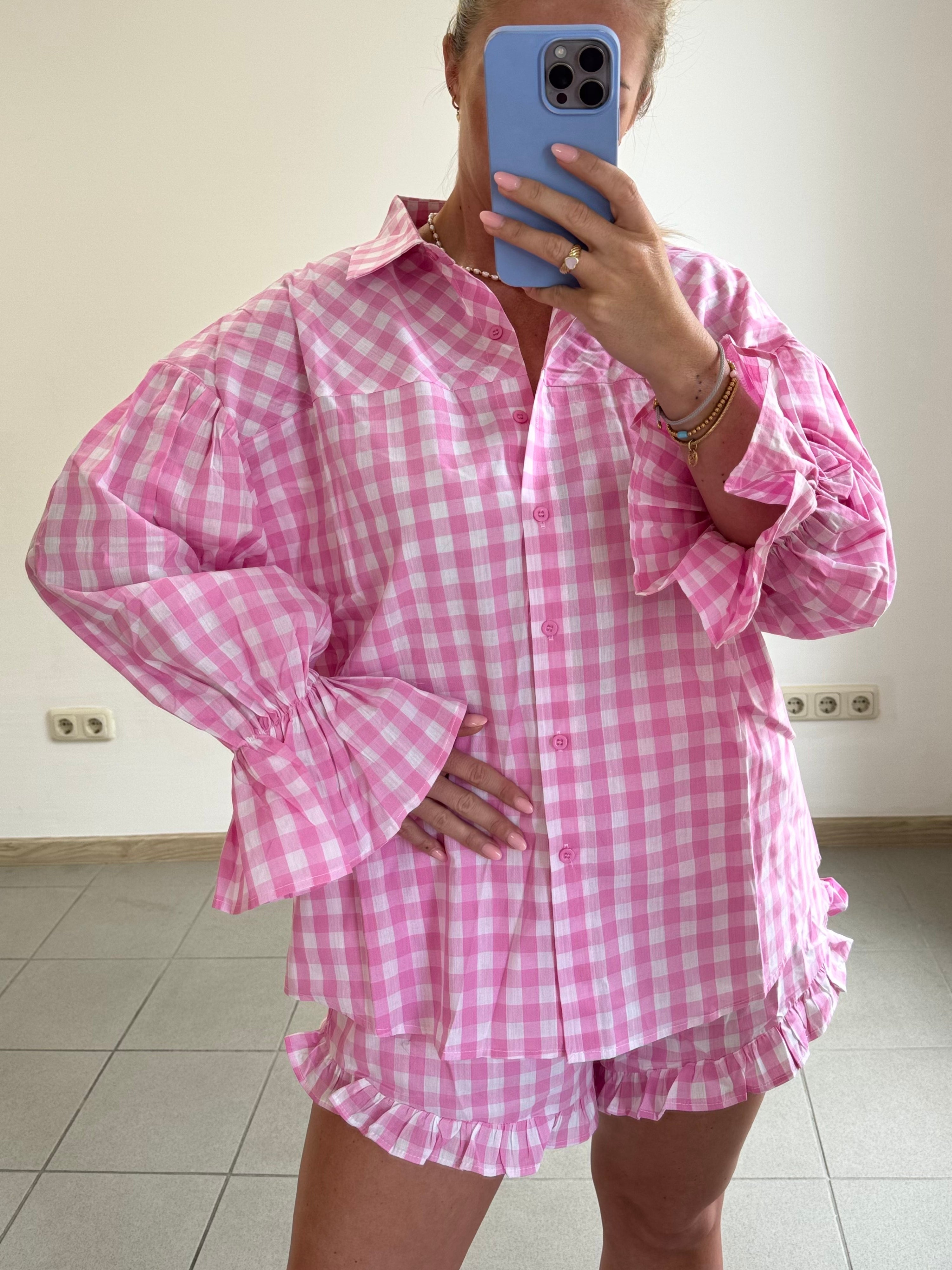 Zweiteiler Cotton - Hemd und Shorts - Rosa-weiß kariert
