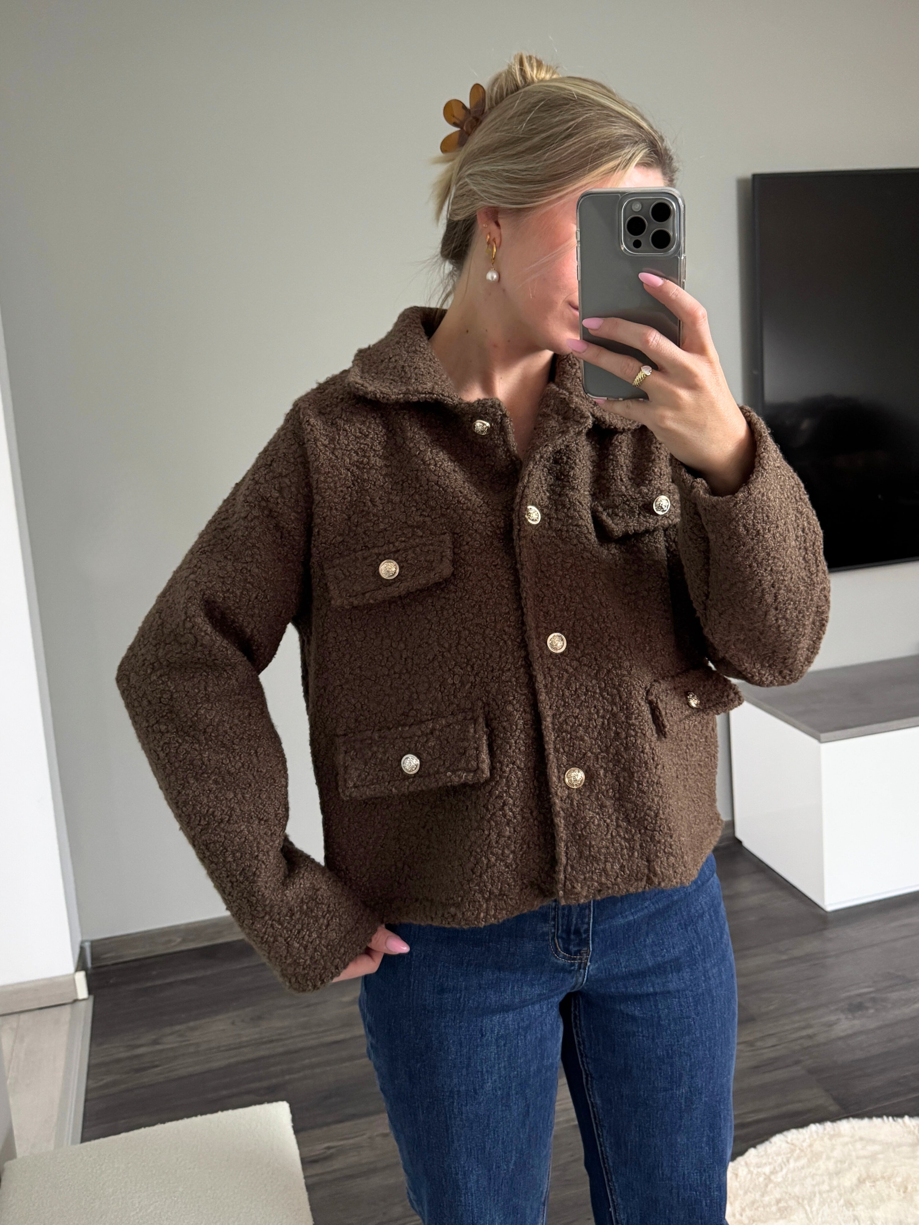 Bouclé-Jacke Tessa mit goldenen Knöpfen - Dunkelbraun
