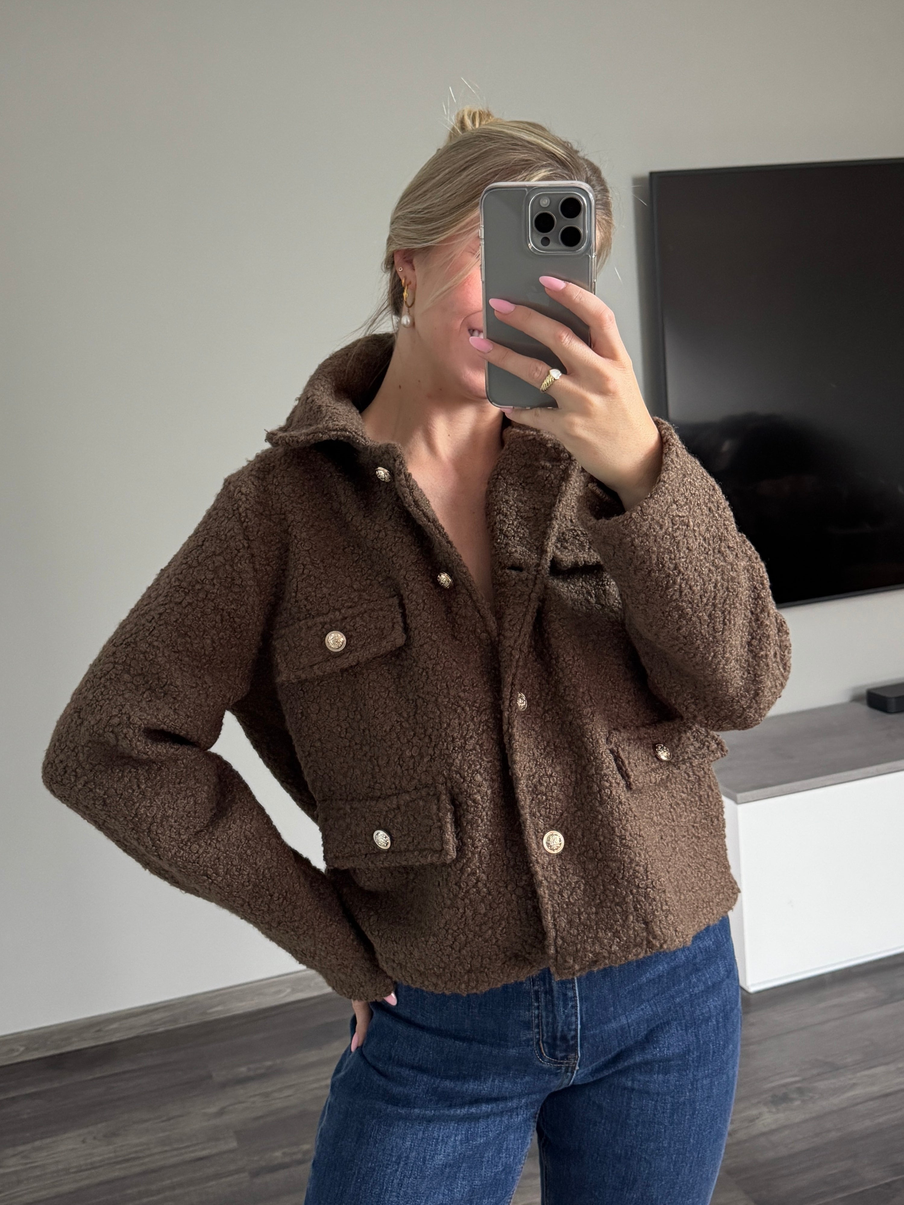 Bouclé-Jacke Tessa mit goldenen Knöpfen - Dunkelbraun