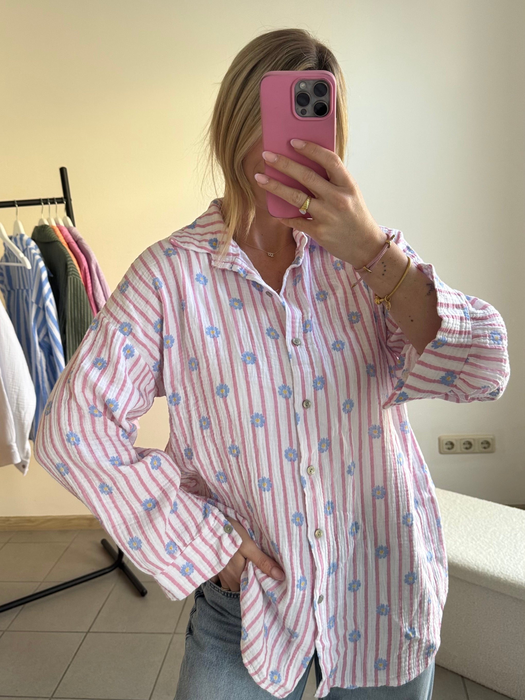 Musselin Oversize-Bluse mit Blumen - Rosa