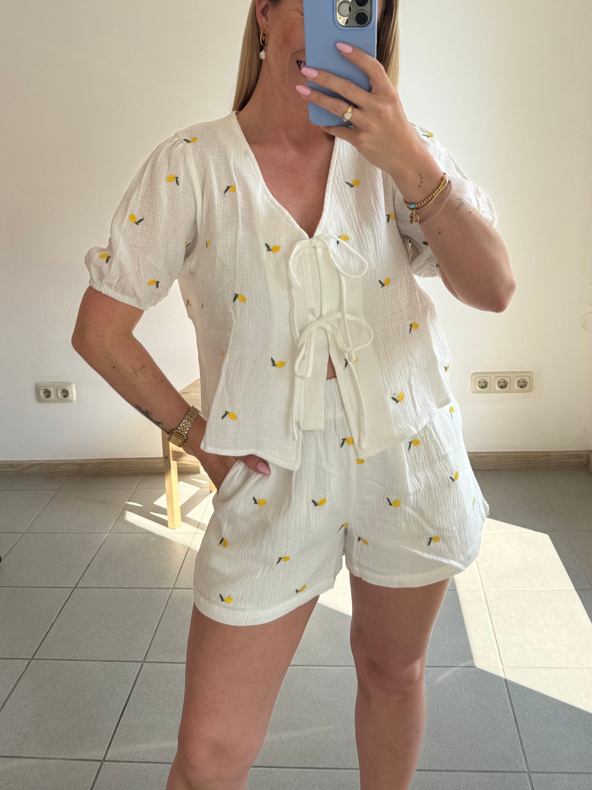 Musselin Shorts Zitrone - Weiß