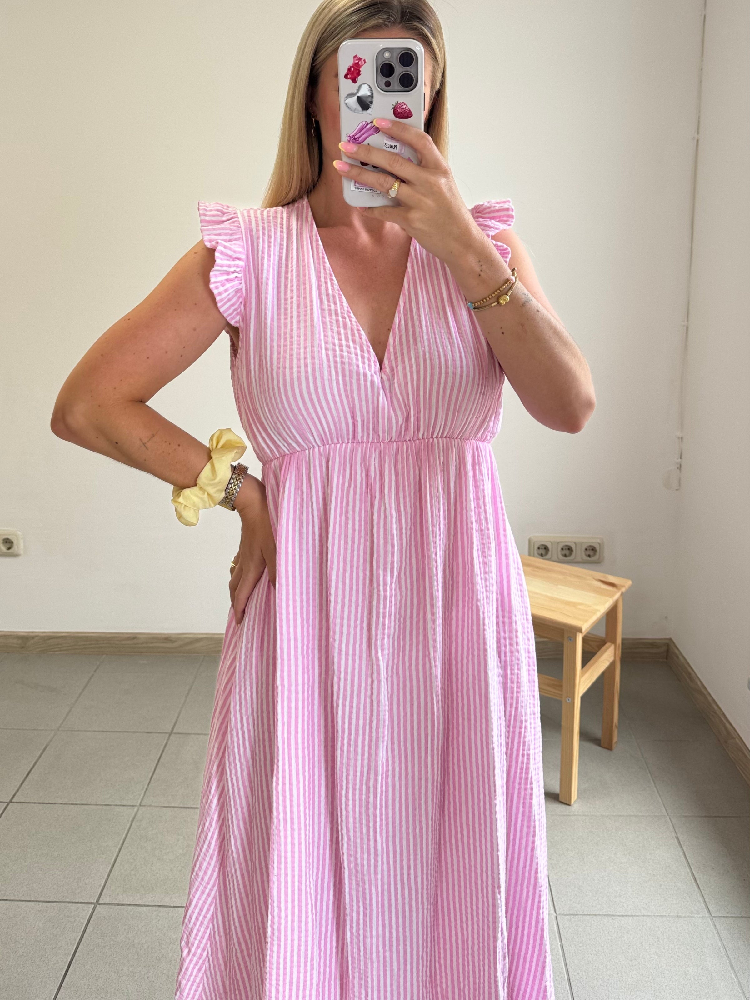 Langes Musselin Kleid mit Rüschen - Rosa