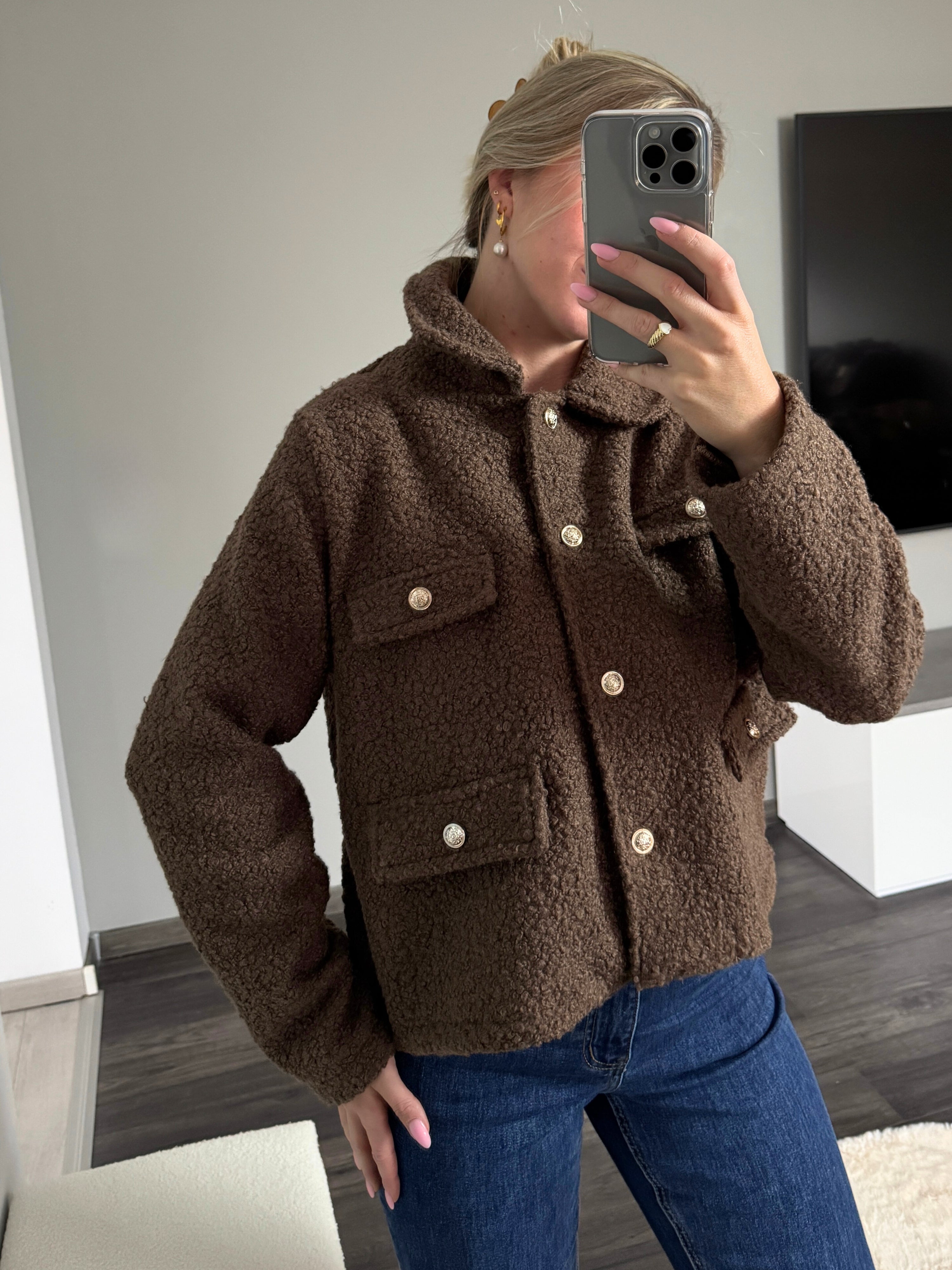 Bouclé-Jacke Tessa mit goldenen Knöpfen - Dunkelbraun
