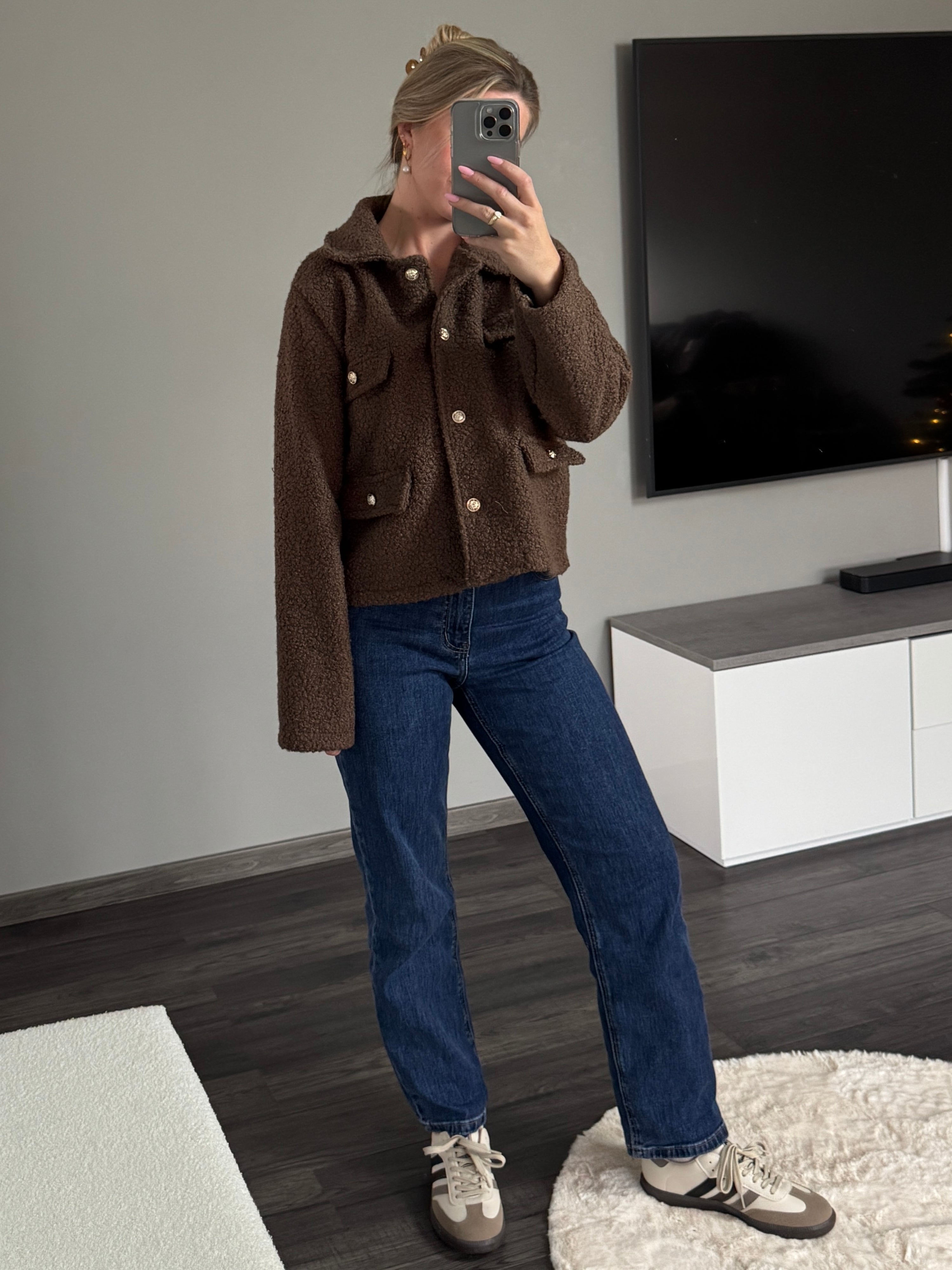 Bouclé-Jacke Tessa mit goldenen Knöpfen - Dunkelbraun